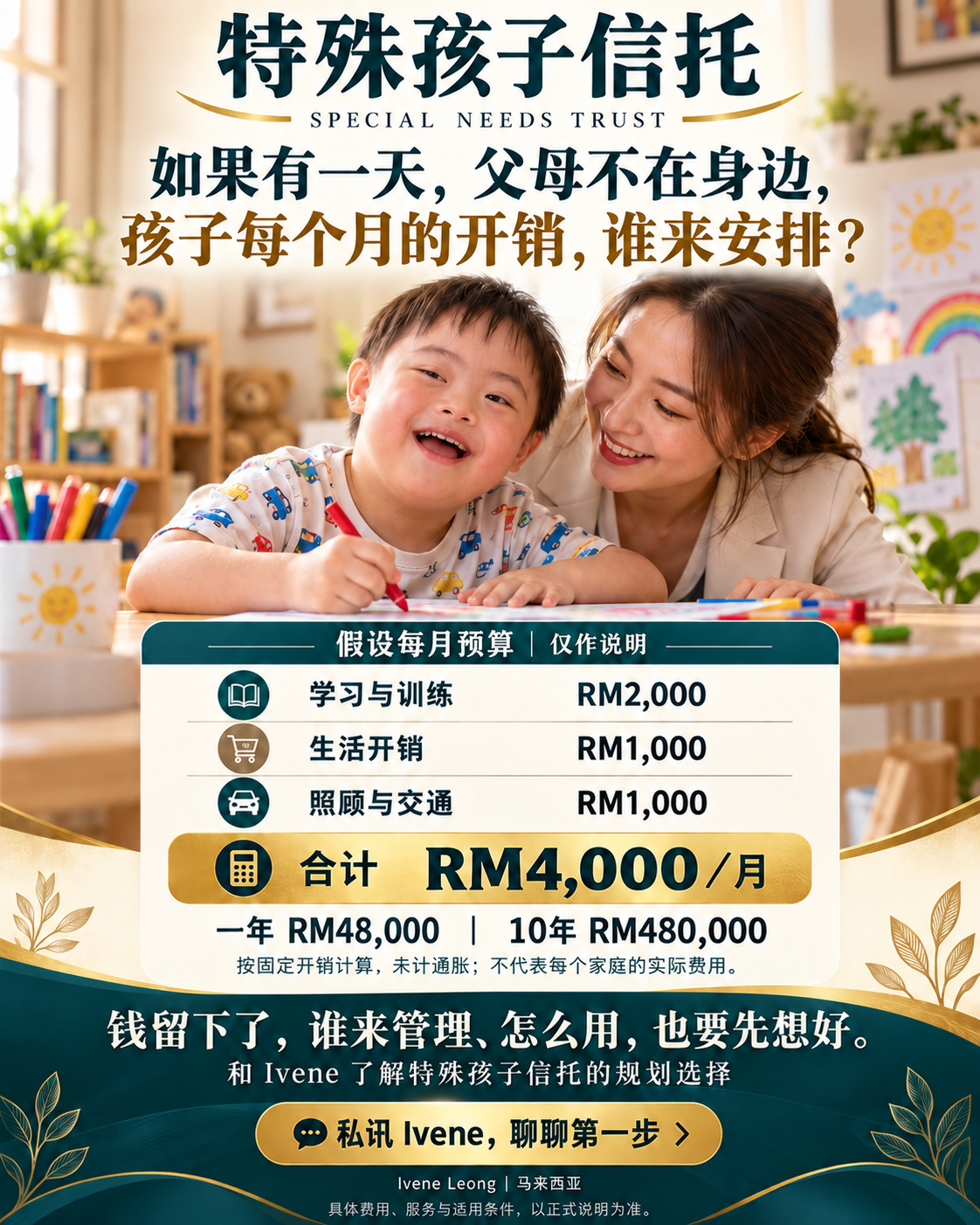 特殊孩子信托开销示例：假设每月 RM4,000，一年 RM48,000，10年 RM480,000；仅作说明，未计通胀，不代表每个家庭实际费用