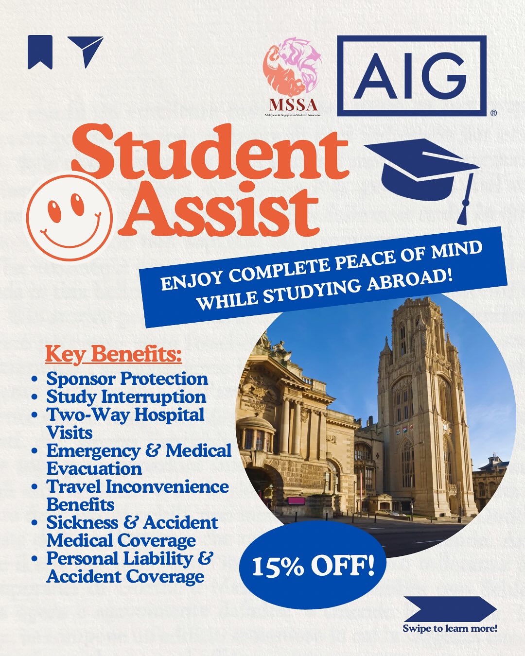 用户提供的 AIG Student Assist 宣传资料,含海外留学保险保障主题